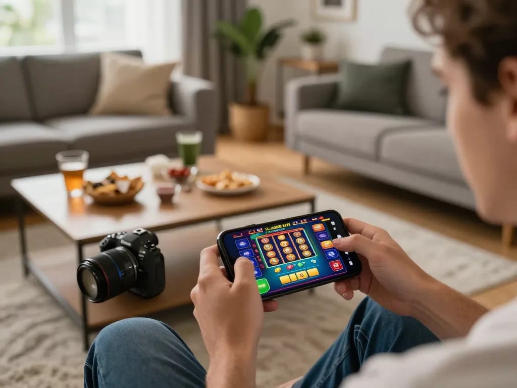 Player engaging in mobile gambling on 58win app with colorful game interface in cozy home setting