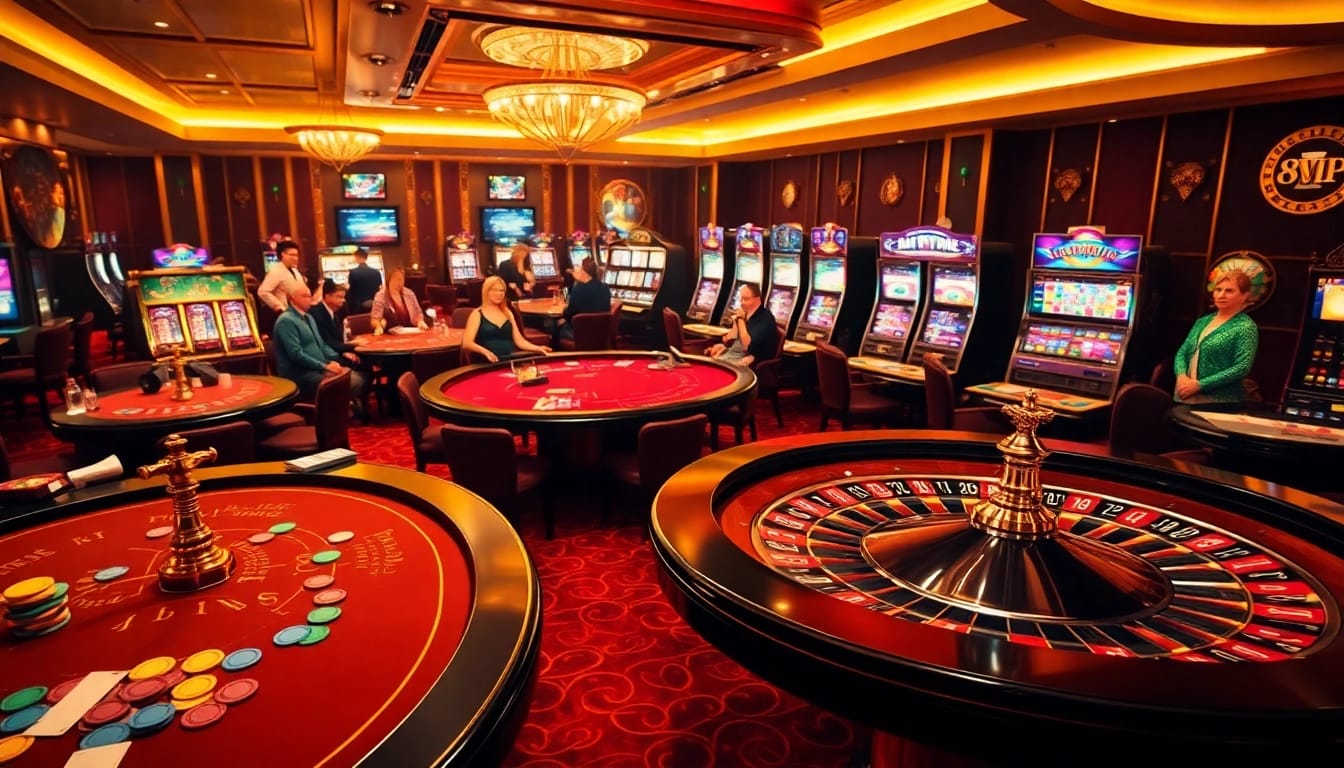 Experience the luxury of 68VIP casino with players engaged at colorful tables and vibrant slot machines.