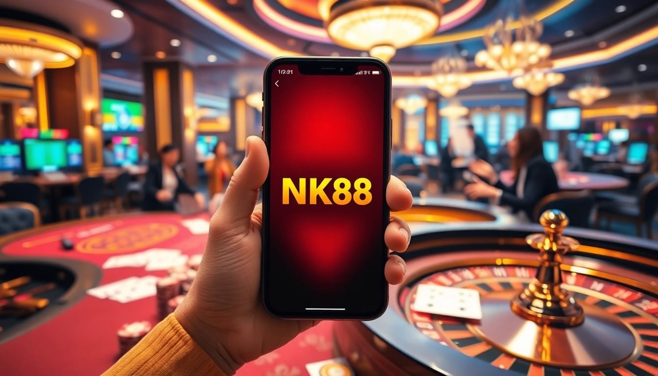 Exciting gambling experience at NK88 casino with vibrant gaming tables and smartphone interface.