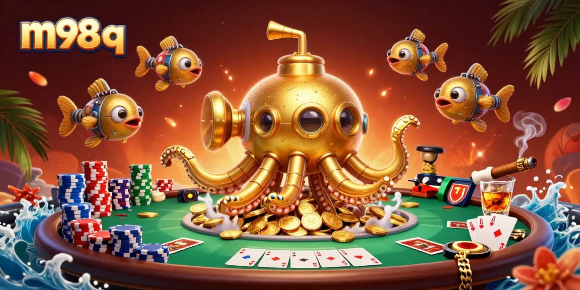 Engage in thrilling gaming adventures with m98 q featuring a golden kraken submarine amid poker action.