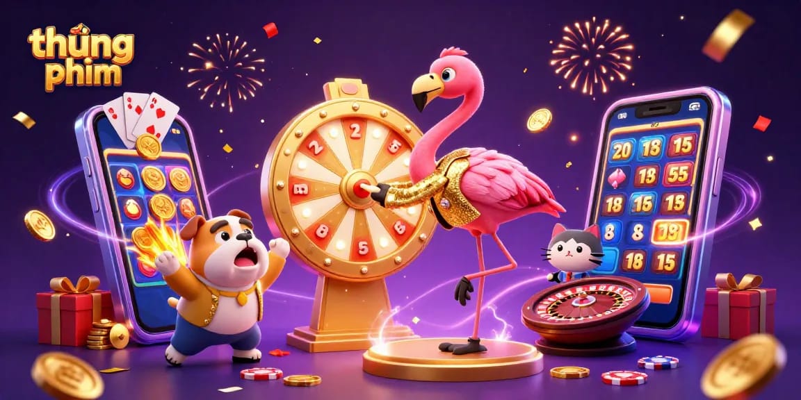 Engage with thúng phim and spin to win in this vibrant casino-themed illustration.