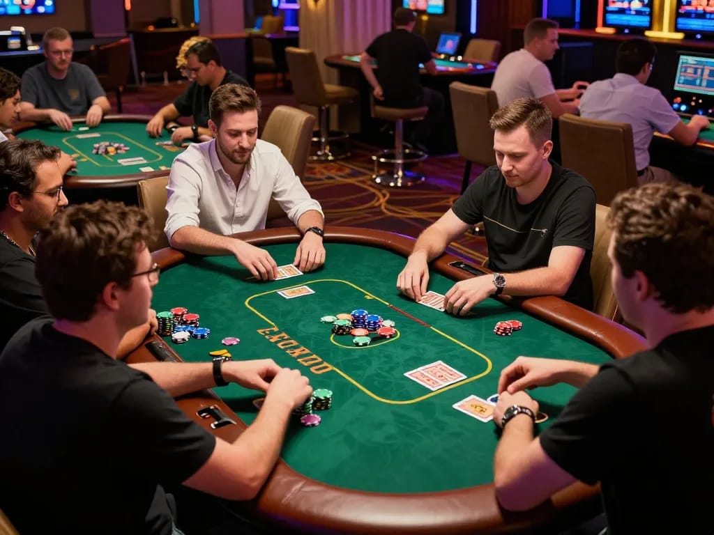 Players enjoying intense poker matches at TR88 casino, showcasing excitement and strategic gameplay.