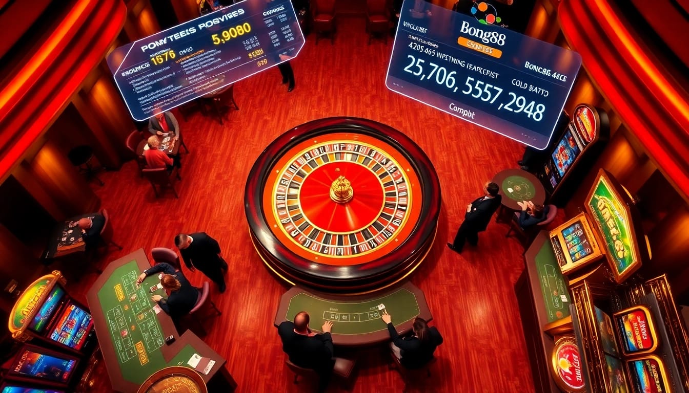 Bong88 players engaging at a luxurious casino with poker tables and vibrant slot machines.