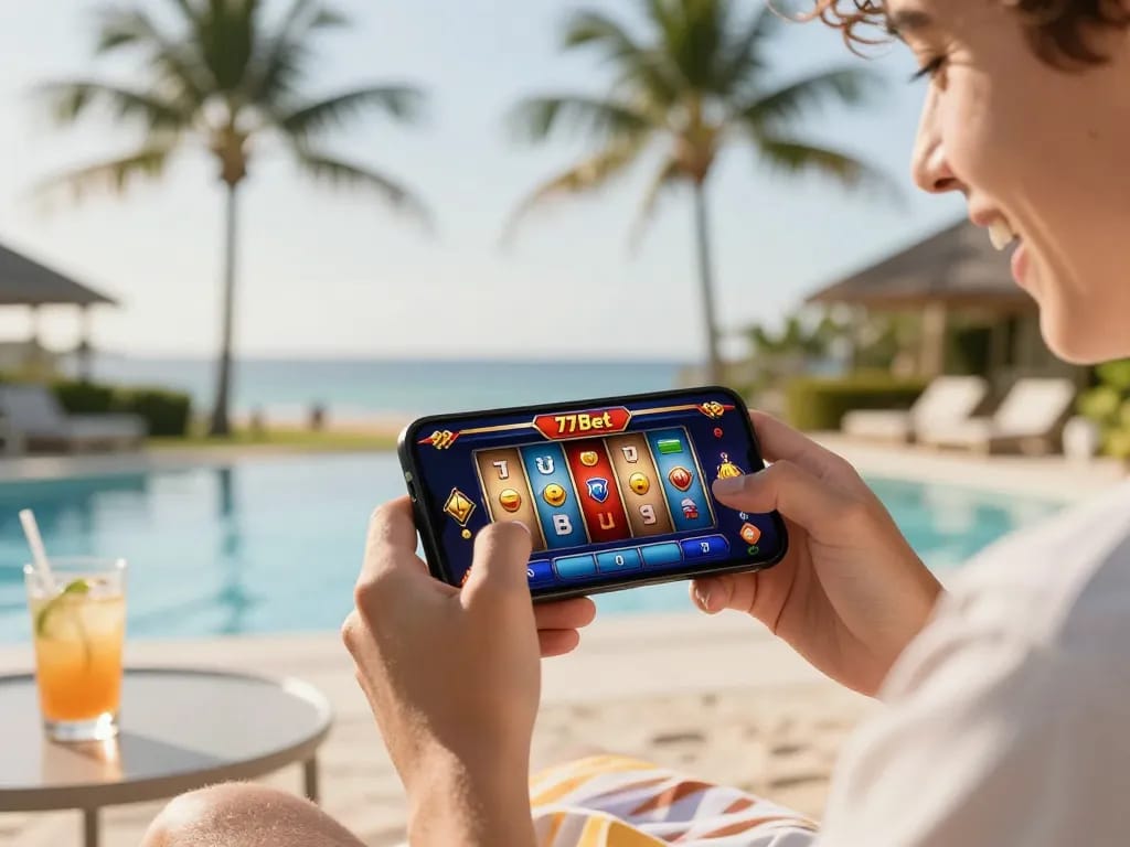 Player enjoying 77bet gaming on a smartphone by the pool, celebrating wins