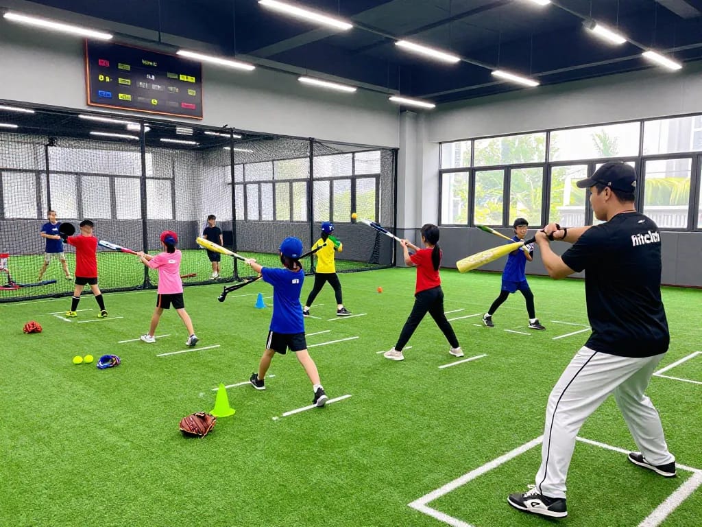 Young athletes training at hitclub batting cages with a coach demonstrating techniques in a vibrant indoor facility.