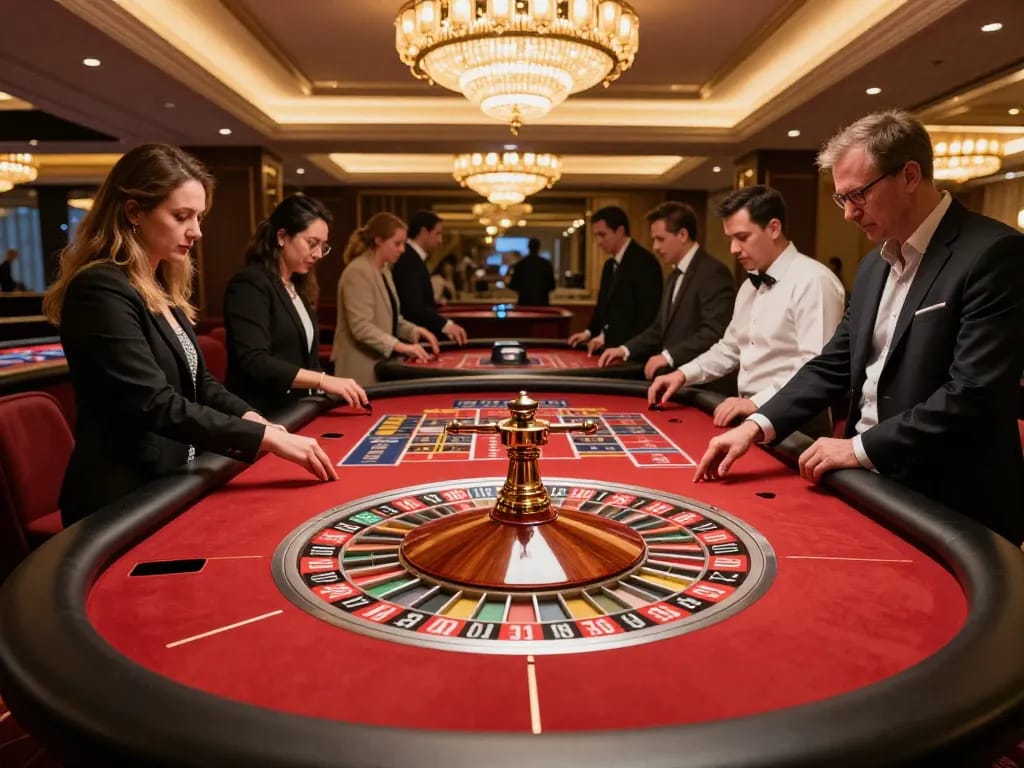 FC88 players engaged around a roulette table in a glamorous casino setting.