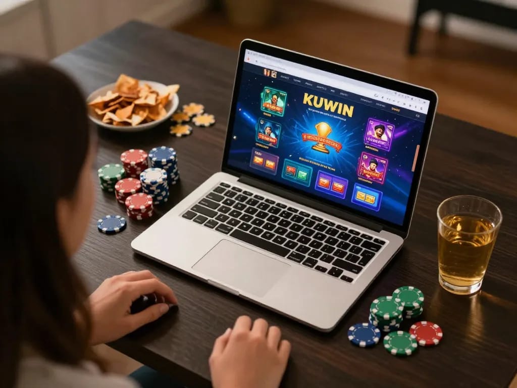Kuwin online gaming session with vibrant poker chips and game interface visible