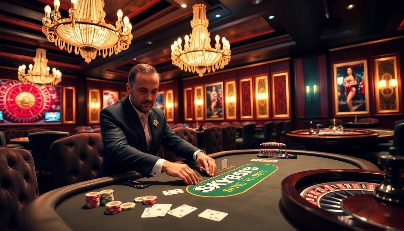 Engaging scene of a luxurious SKY88 poker game with vibrant casino elements and inviting atmosphere.
