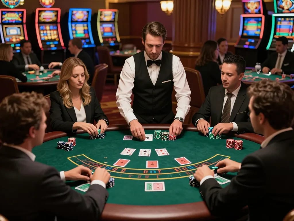 Players engaging in an intense Blackjack game at u888 casino, highlighting strategic decision-making.