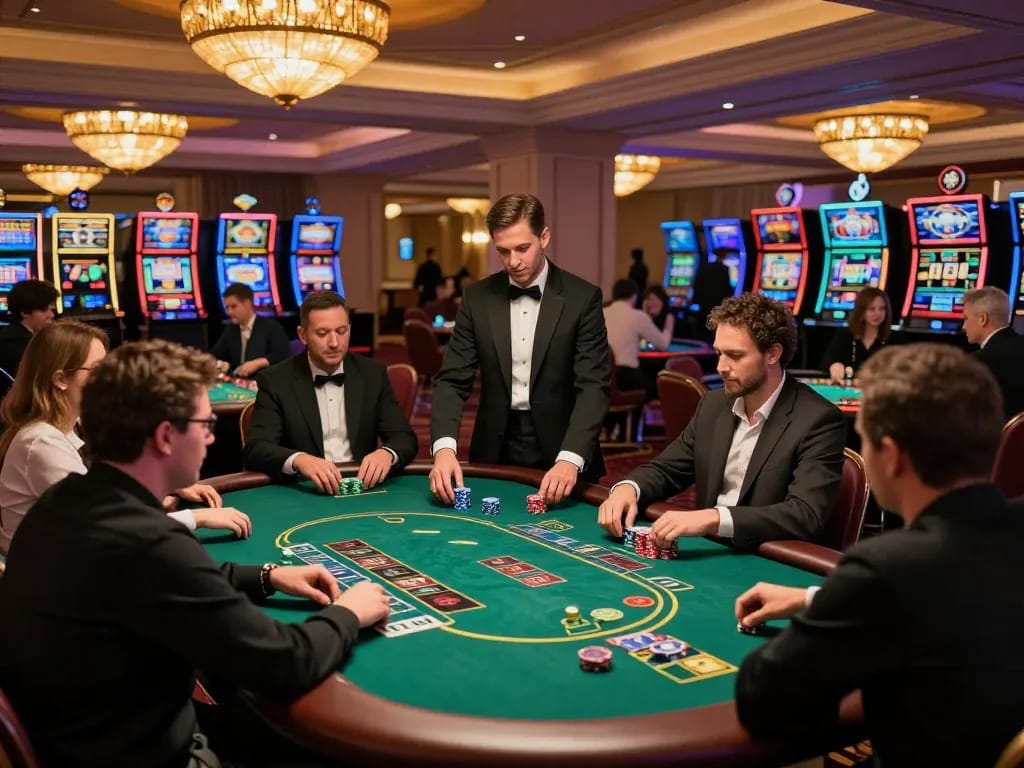 Engaged players at TR88 casino table strategizing while playing poker amidst vibrant casino atmosphere.