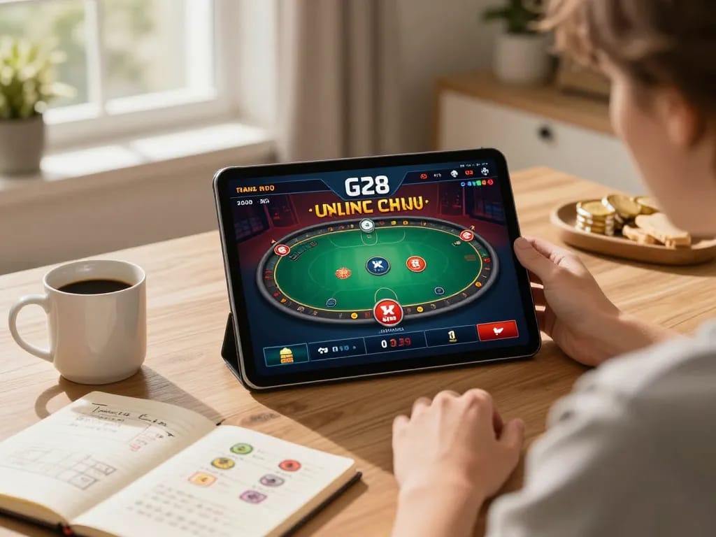 Engaging with G28 TRANG CHỦ online casino games on a tablet in a cozy home setting.