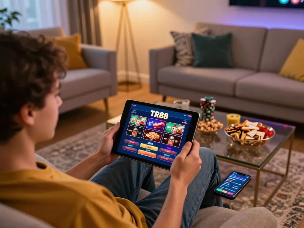Player enjoying online casino gaming on TR88, surrounded by snacks and home comforts, showcasing an immersive experience.