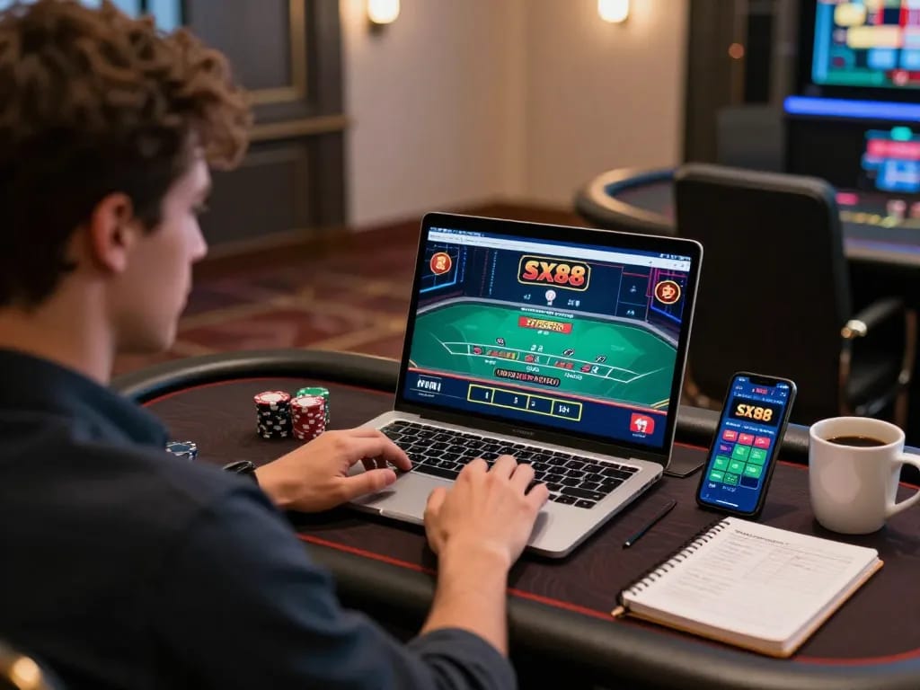 SX88 casino player enjoying an online blackjack game on laptop with live dealer, cozy home setup.