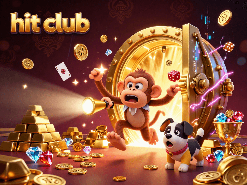 Engage with hit club's lively casino scene featuring a playful monkey and ghost-hunting puppy.