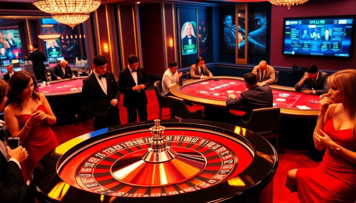 Gamblers enjoying a thrilling roulette game at https://www.sclub88.bet/, showcasing luxury and excitement.