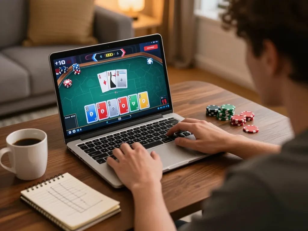 Engage with 79KING in an intense online poker game at home with strategy notes and laptop.