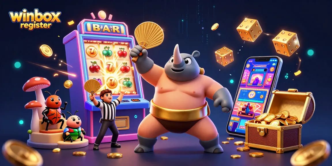 Dynamic scene illustrating how to winbox register with a cartoon beetle champion and casino elements.