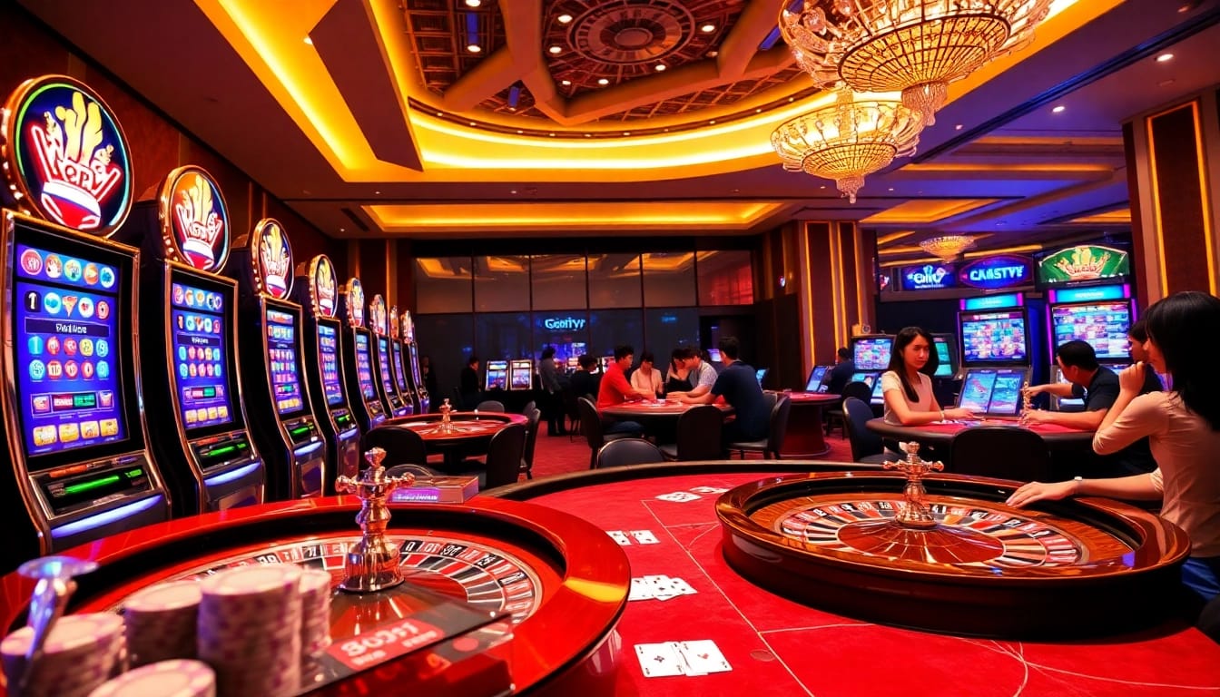 Players enjoying a thrilling game at 888NEW casino with vibrant slot machines and poker tables.