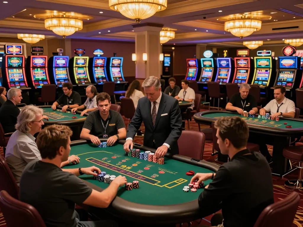 Players strategizing at blackjack tables in luxurious setting at go86vn casino
