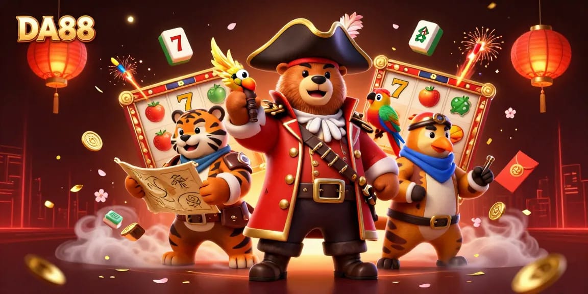 Experience the excitement of DA88 slots with animated characters amidst treasure and festive symbols.