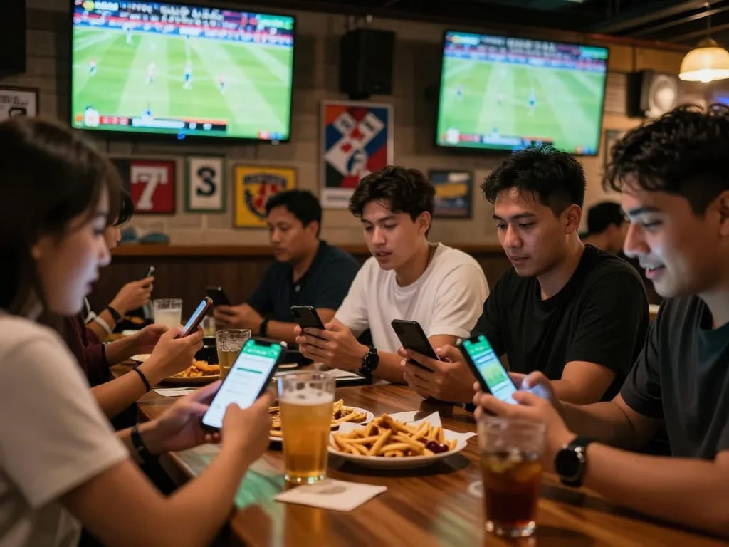 Tỷ lệ kèo nhà cái betting in an exciting sports bar, patrons engaging with mobile apps and enjoying live sports.