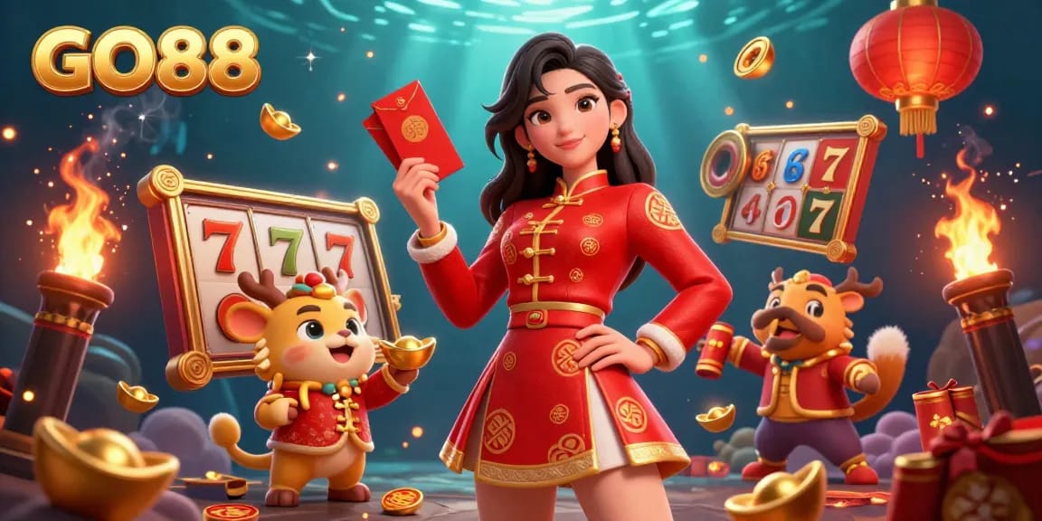 Experience the excitement of GO88 through a stunning 3D illustration showcasing dynamic gambling elements and rich decorations.