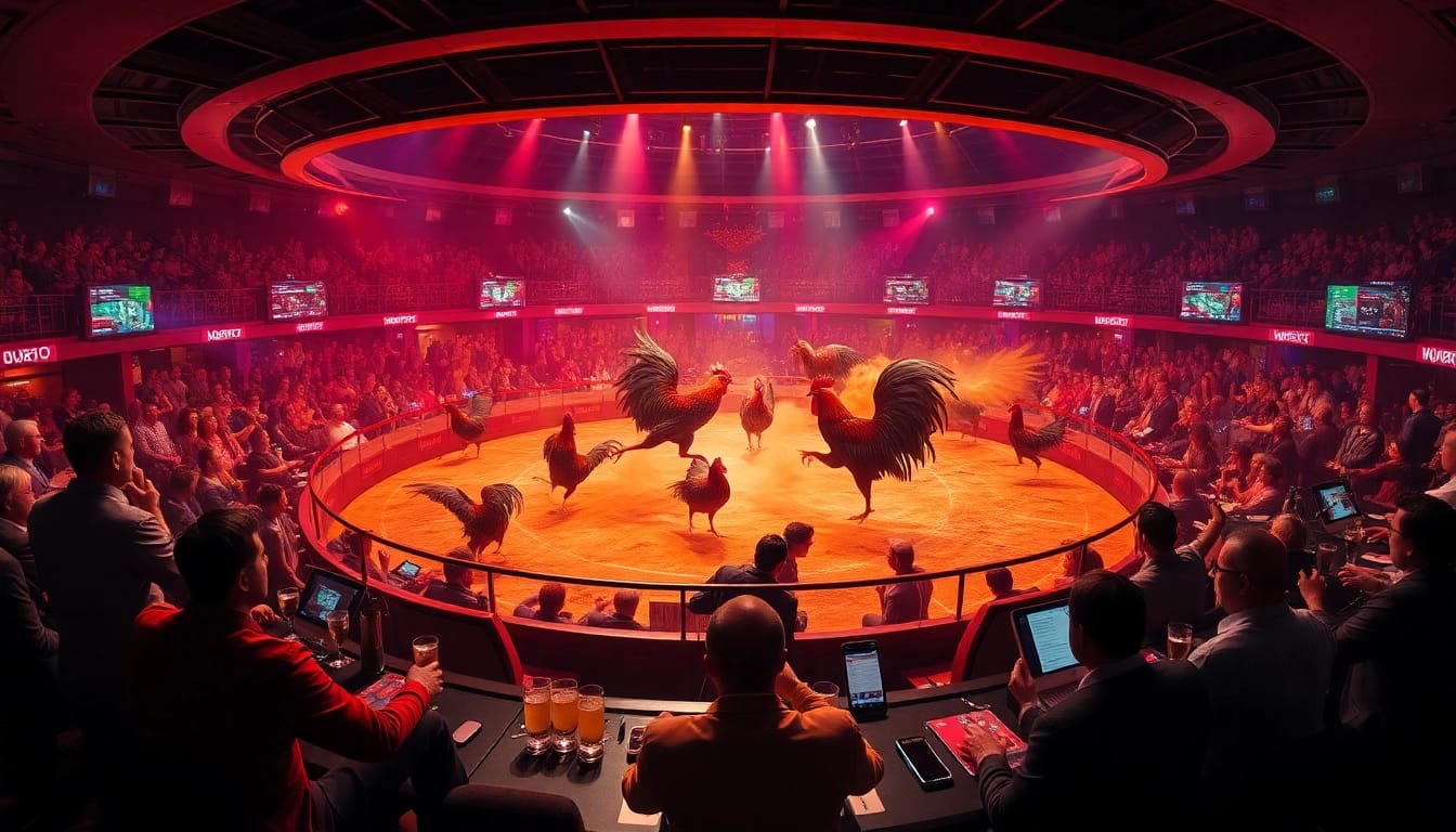 Live cockfighting action at đá gà trực tiếp, showcasing vibrant betting activity and engaged gamblers.