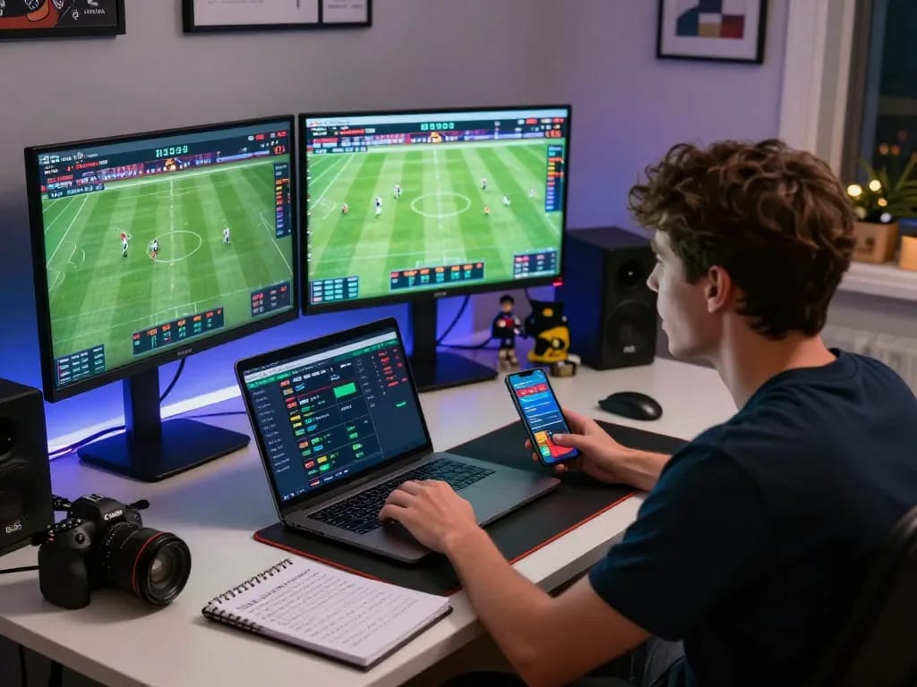 Person reviewing tỷ lệ kèo nhà cái while betting on multiple screens in a home office.