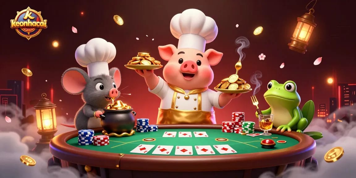 Engage with keonhacai's vibrant casino scene showcasing gourmet gold coins and poker excitement.