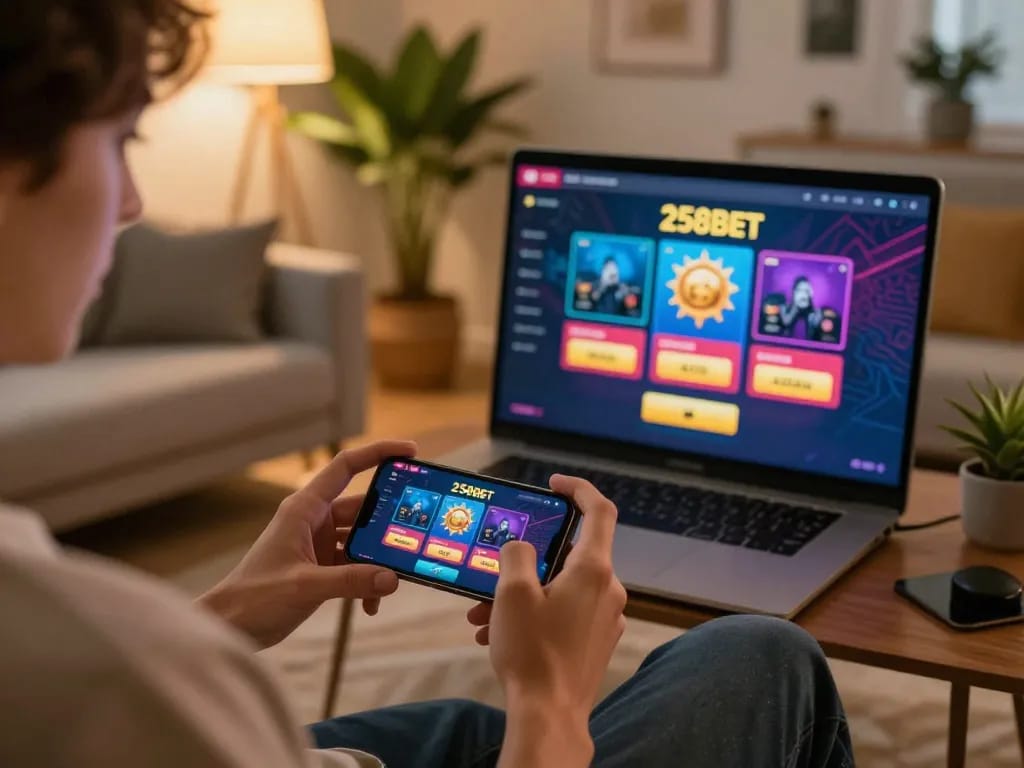 Mobile gaming scene with user experiencing 258bet app interface and engaging in strategic betting.
