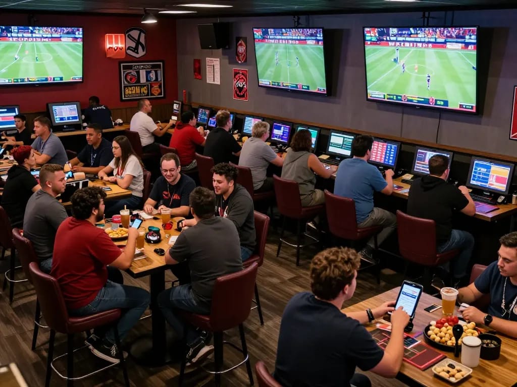 Engaged bettors analyzing kèo nhà cái odds while enjoying an exciting sports betting atmosphere.