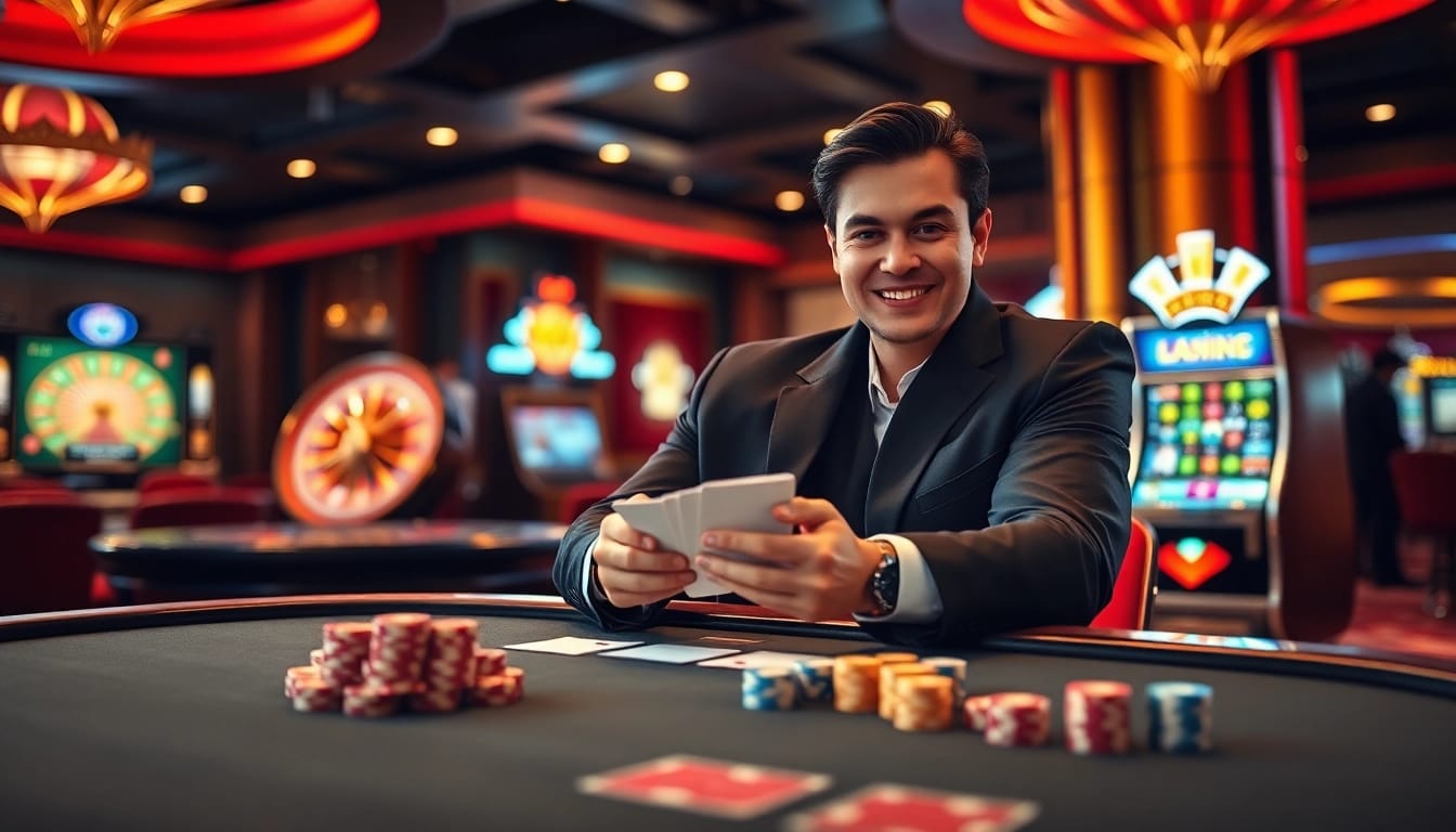 Experience the excitement of gambling at tv88.page with a professional dealer at a vibrant casino table.