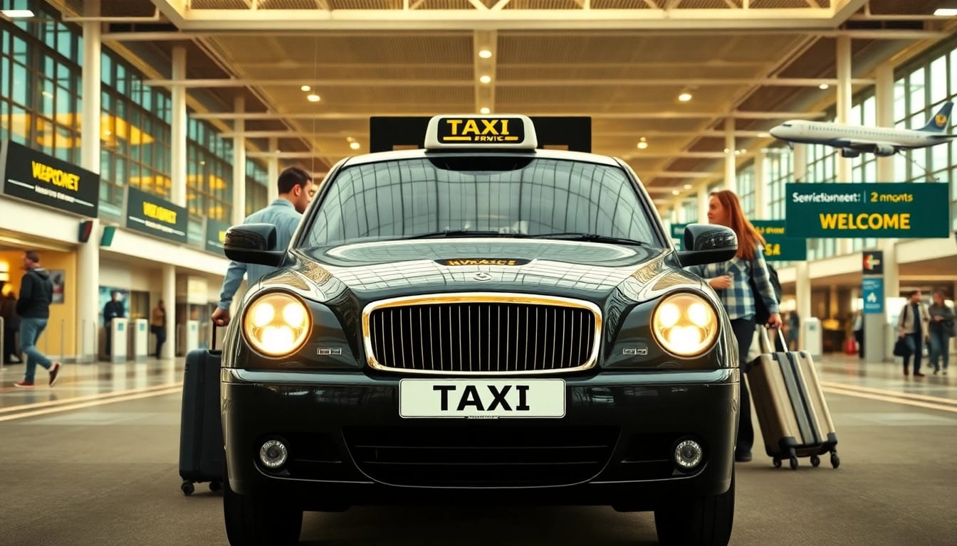Taxi service at Gatwick Airport, showcasing a busy terminal with passengers and luggage.