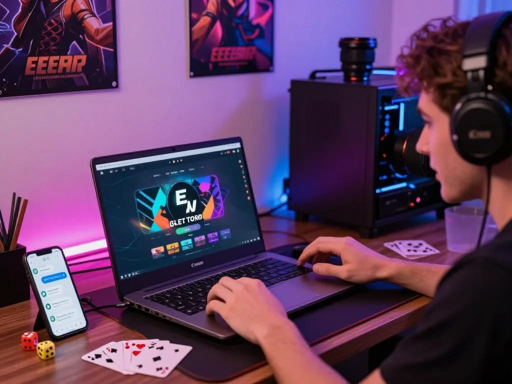 Engaged player exploring EE88 online gaming platform with colorful setup.