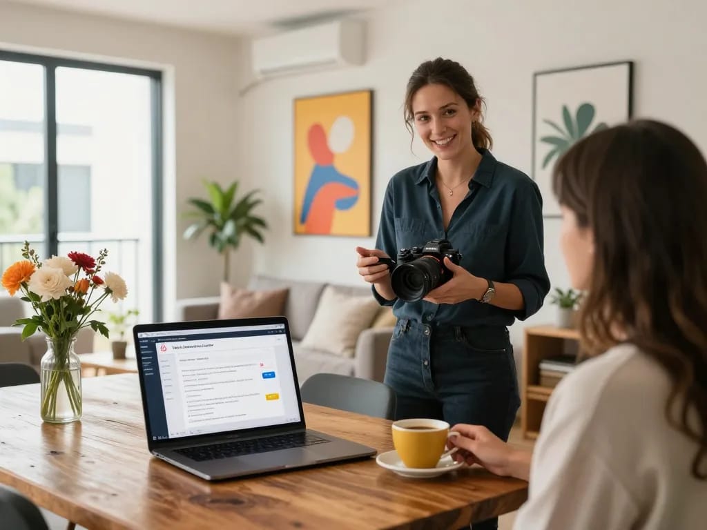 Engaging Airbnb management Melbourne consultation with a property manager in a stylish apartment interior.