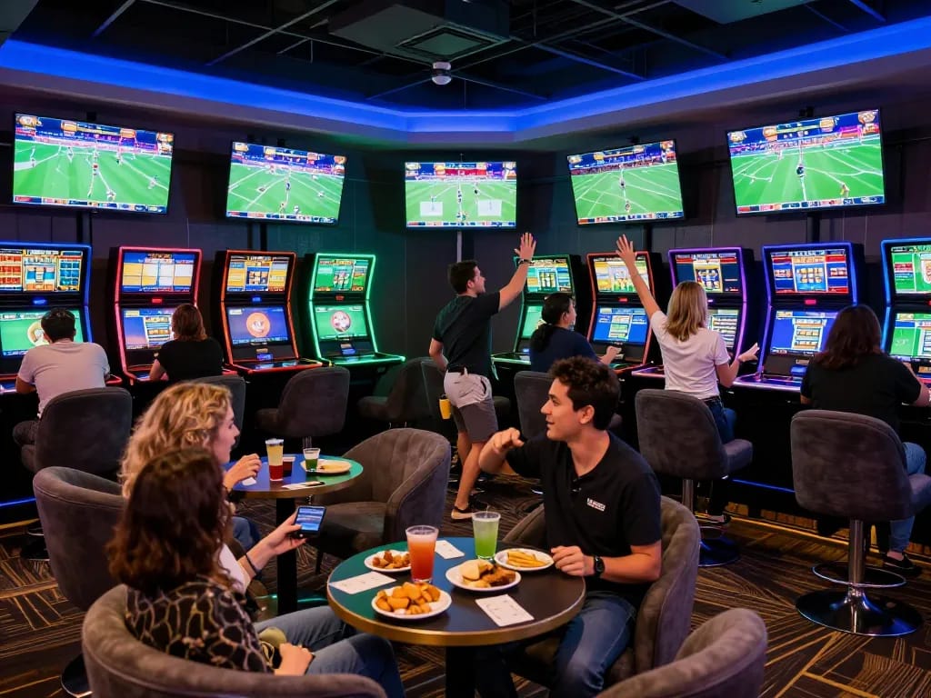 Players passionately engage in sports betting at TR88, enjoying live events on screens with vibrant atmosphere.
