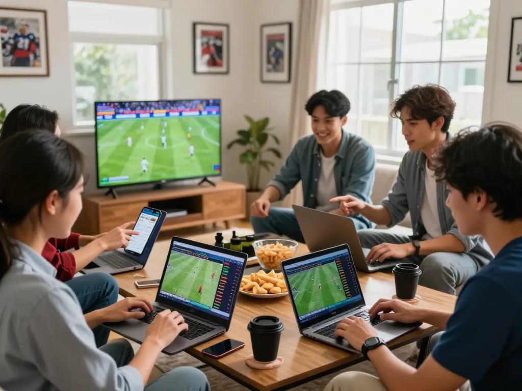 Friends analyzing kèo nhà cái while watching live football matches in a dynamic home setting.