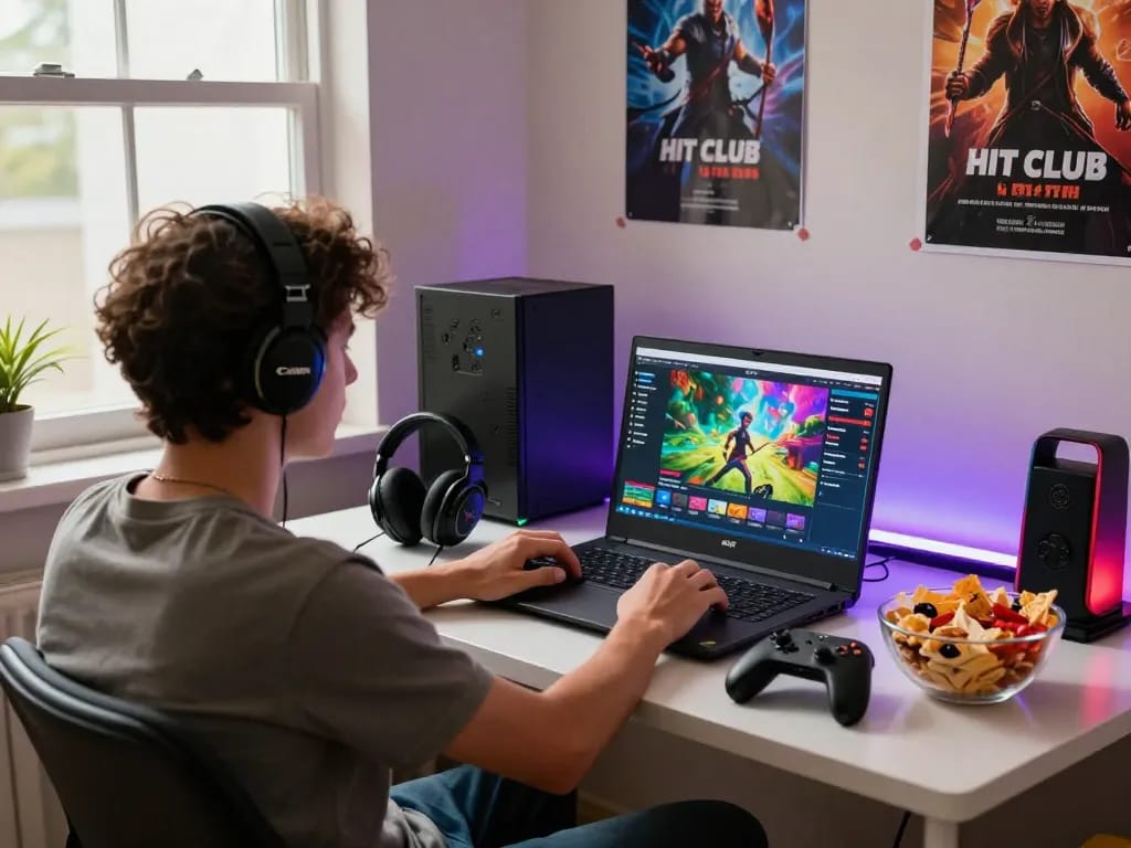 Engaged user playing on Hitclub platform with headphones and snacks.