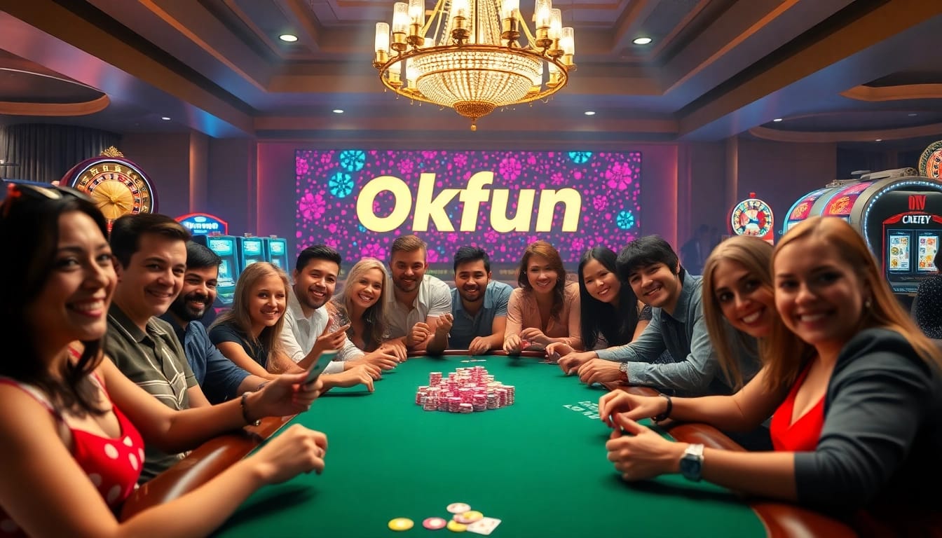 Excited players enjoying a poker game at Okfun's luxurious casino environment.