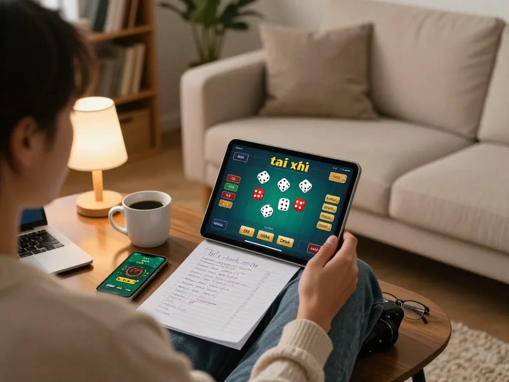 Engaged in online tài xỉu gaming on tablet, cozy home setup with betting notes and app.