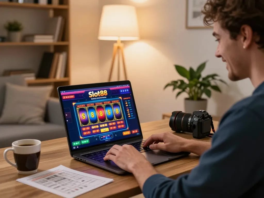 Engaging home online gaming scene featuring jaeyongkim using a laptop to play Slot88.