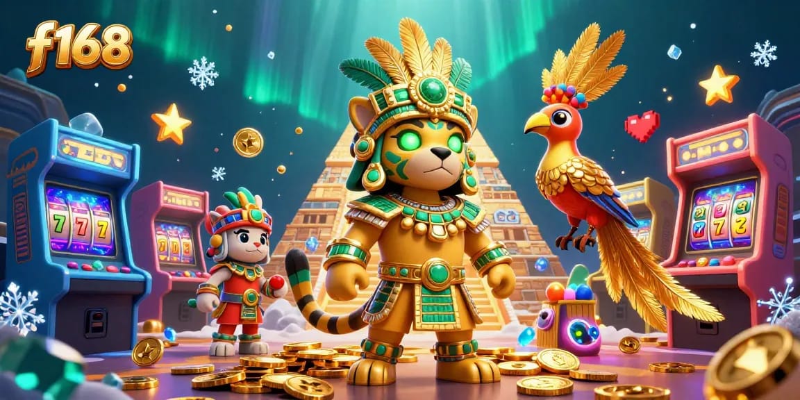 Experience the excitement of f168 with a vibrant 3D casino scene featuring a Mayan priest and fun game elements.