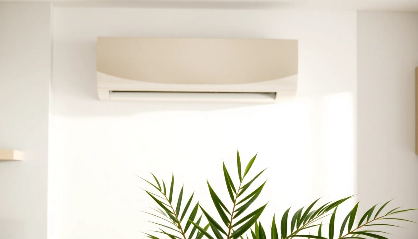 Showcasing a mini split ac system in a modern kitchen environment with bright lighting and contemporary decor.