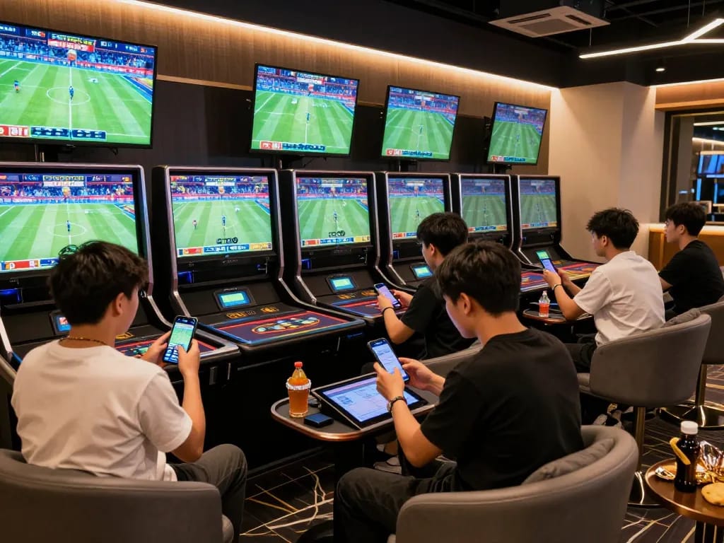 Players actively engaging in sports betting at Bsport with live event screens and a vibrant atmosphere