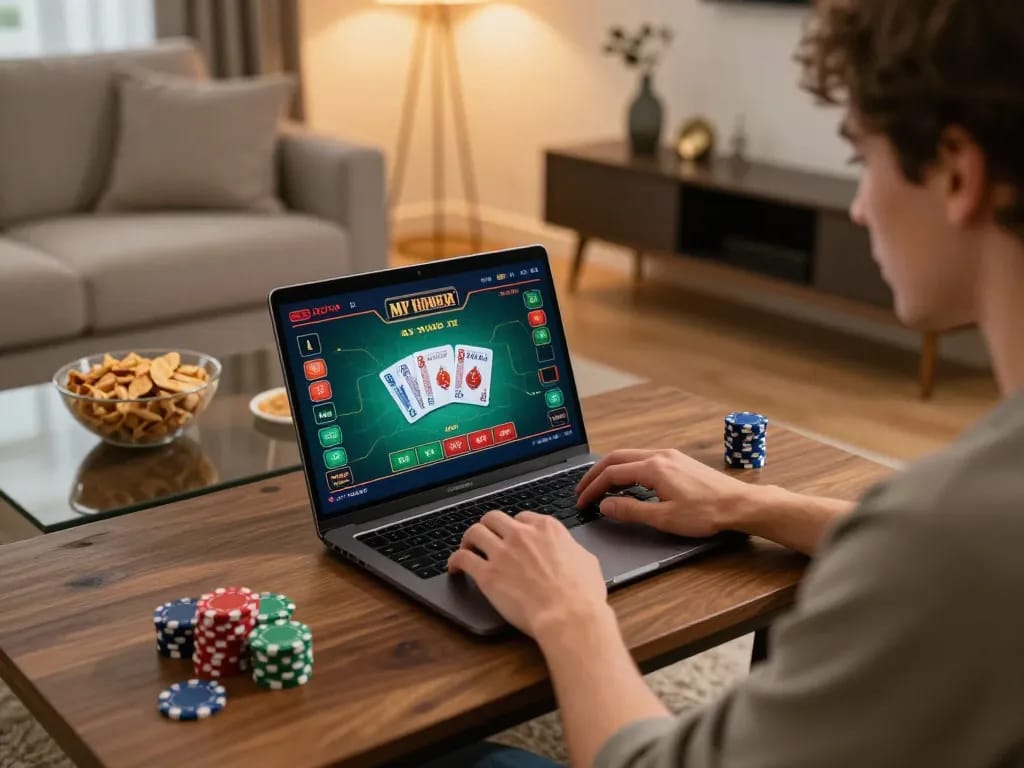 Player engaging in online casino games at home, showcasing the immersive 789club experience.