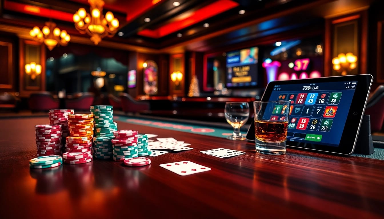 Experience thrilling gameplay at 789CLUB's luxurious casino table, filled with vibrant cards and colorful chips.