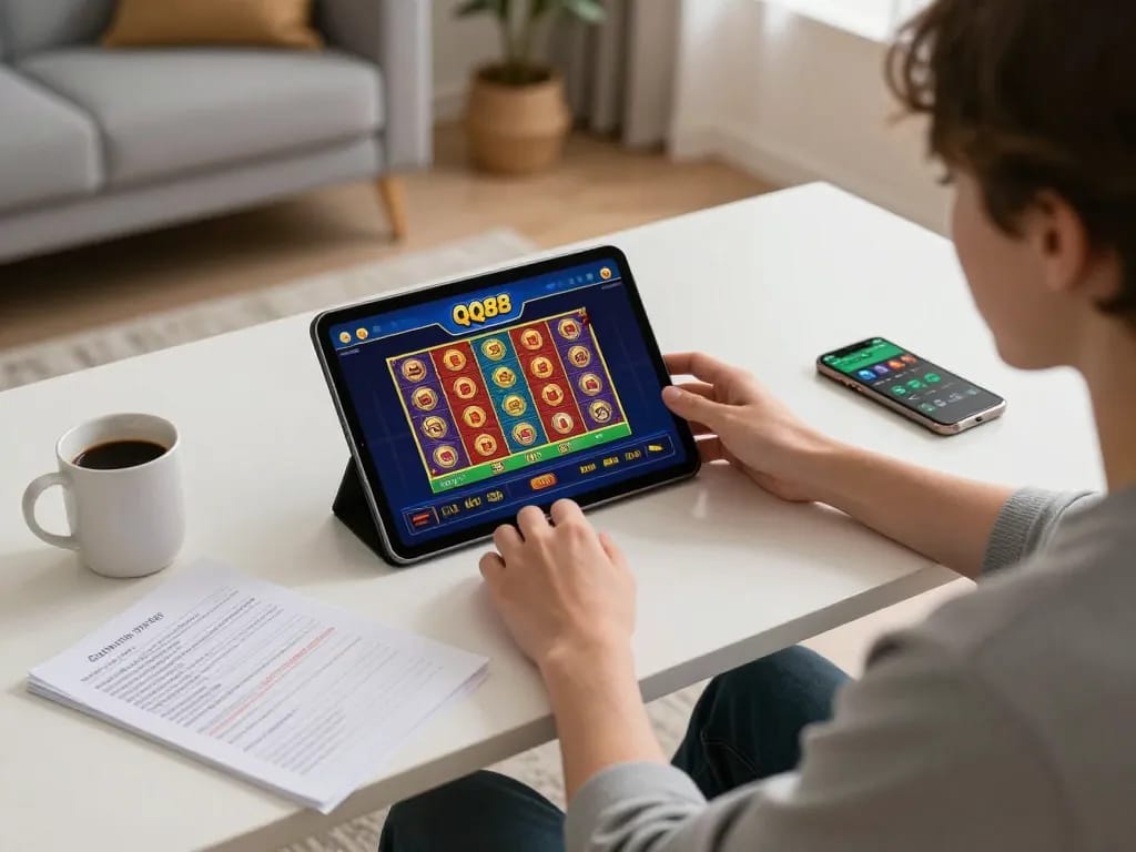 Engaging moment of online gambling with QQ88 app on tablet, showcasing home gaming setup and strategic planning.