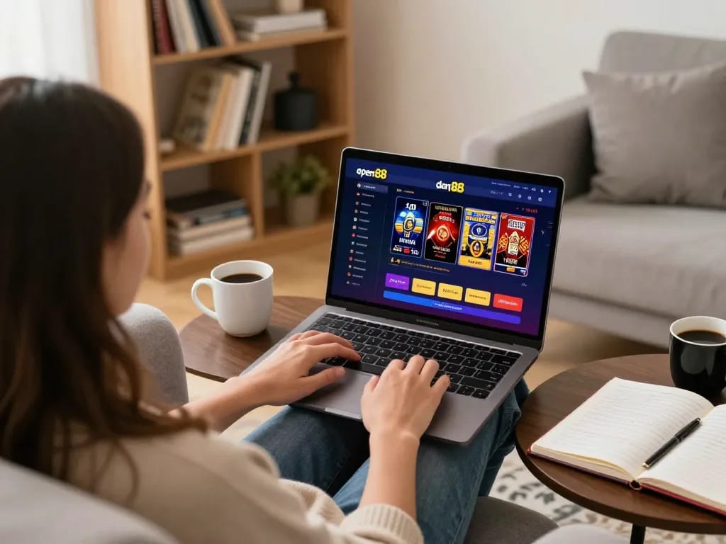 Engaging in online gaming with open88 đăng nhập on cozy laptop setup in living room