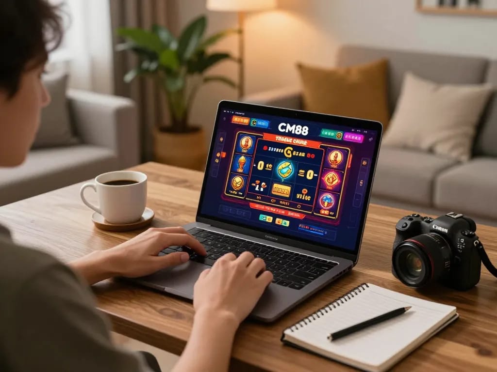 Engaging online gameplay experience at CM88 TRANG CHỦ with laptop, showcasing casino games