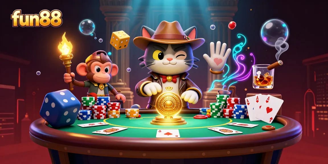 Engage in thrilling gameplay at fun88 with a cat explorer, golden artifacts, and poker elements.